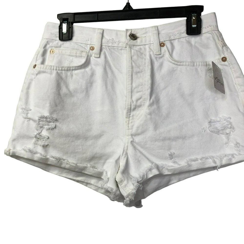 FREE PEOPLE Lasso High Waist DISTRESSED WHITE DENIM SHORTS 26 NWT - Picture 3 of 6
